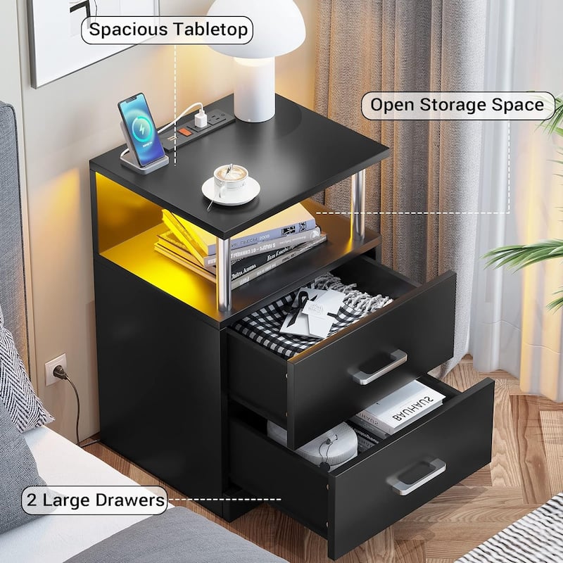 Nightstand with Open Storage 2 USB Ports Outlets 2 Drawers LED Light