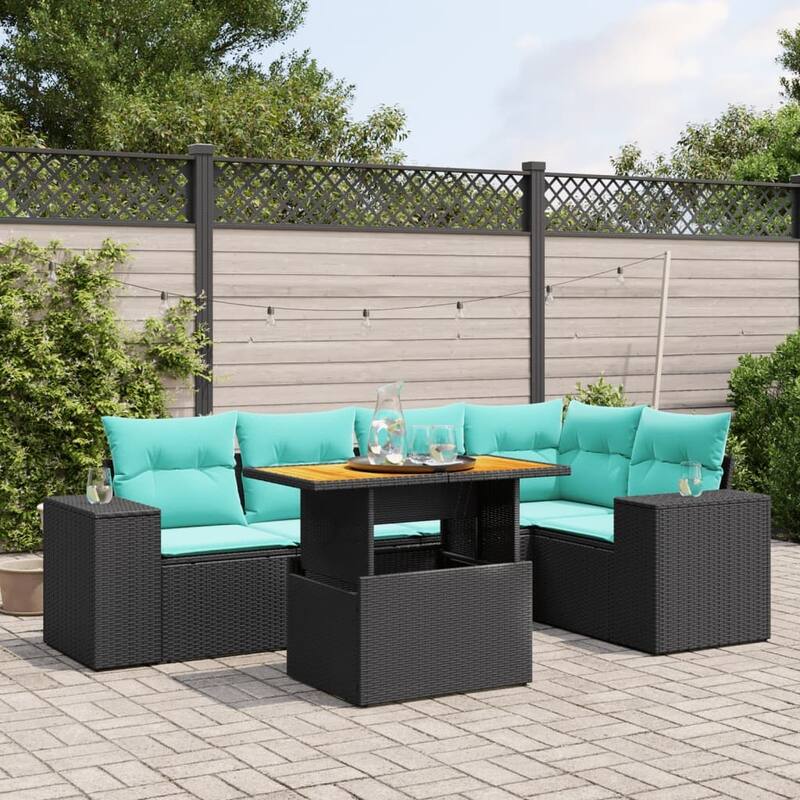 vidaXL Patio Sofa Set with Cushions Outdoor Furniture 6 Piece Poly Rattan - 24.4 x 24.4 x 27.2 - Black
