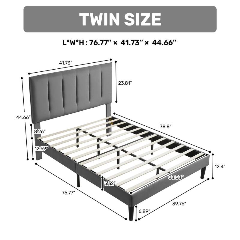 Upholstered Platform Bed Frame with Vertical Stripe Headboard