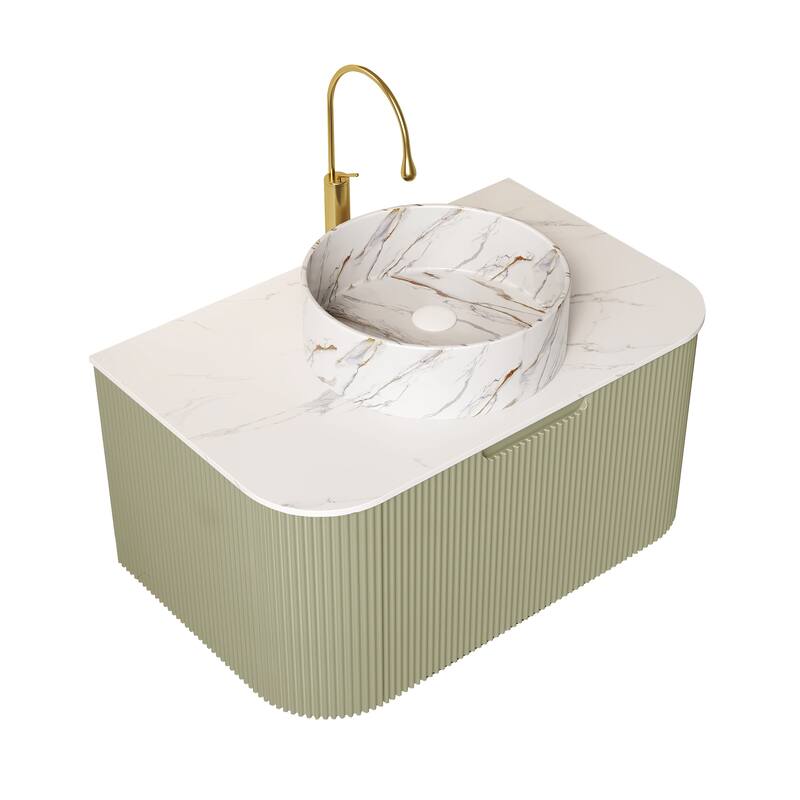 24 Inch/30 Inch/36 Inch Wall-Mounted Bathroom Vanity Cabinet with Counter Top Sink, Round Ceramic Basin with Stone Pattern