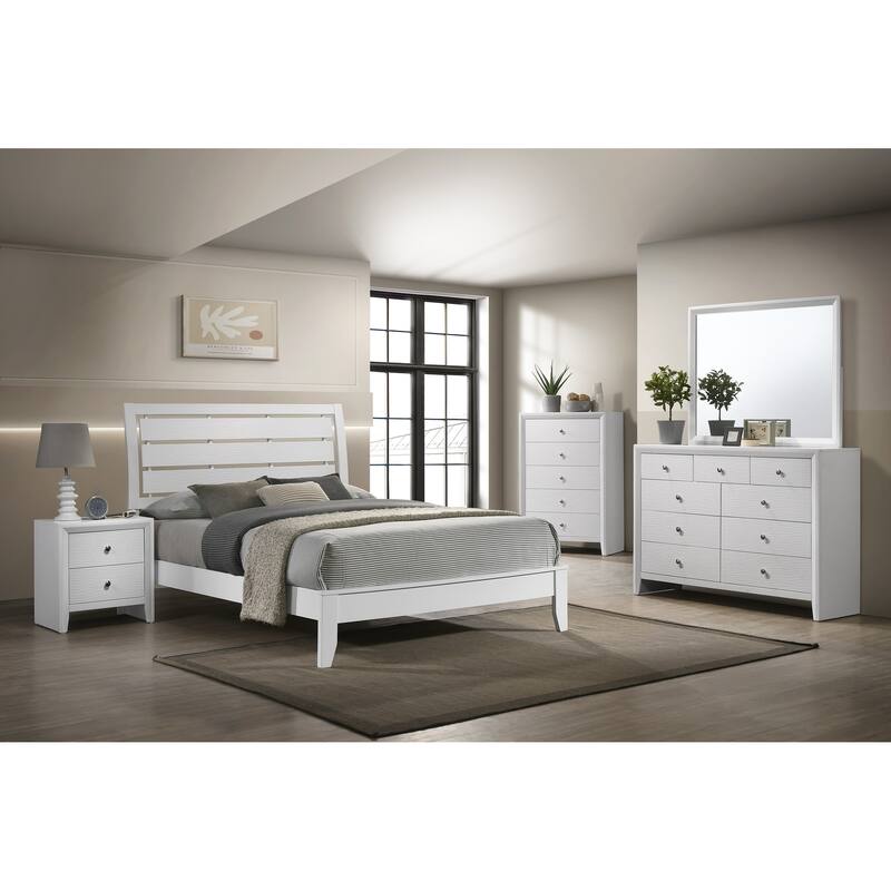Queen Size Wood Panel Bed with Geometric Design and Softly Curved Headboard
