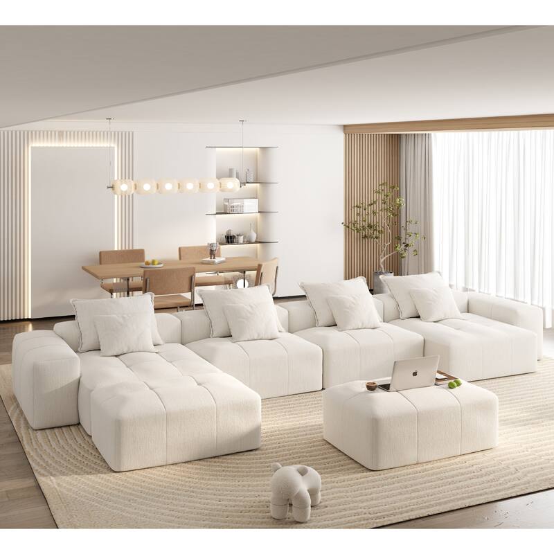 Oversized Modular Chenille 6-Seat Sectional Sofa with Cushions and 8 Pillows for Living Room - Beige