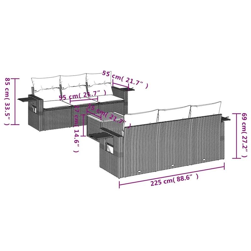 vidaXL 7 Piece Patio Sofa Set with Cushions Black Poly Rattan - 21.7" x 24.4" x 27.2"