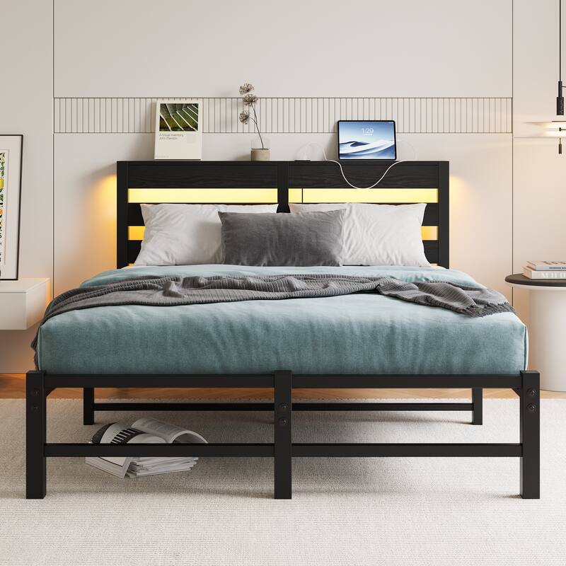 Metal Bed Frame Slats Platform Bed Open Frame with RGB LED Light and 2 USB Ports, Wooden Headboard, No Box Spring Needed