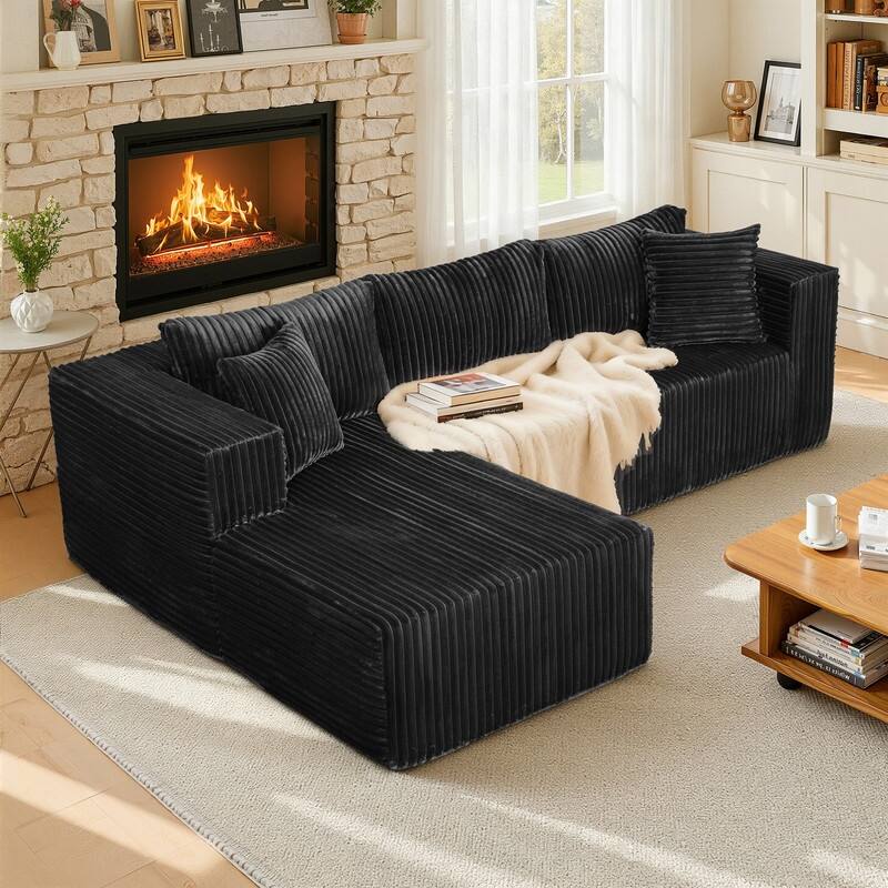 105 in. Wide Square Arm 2-Piece Modern Corduroy Fabric L-Shape Modular Sectional Sofa - Black-RightChaise