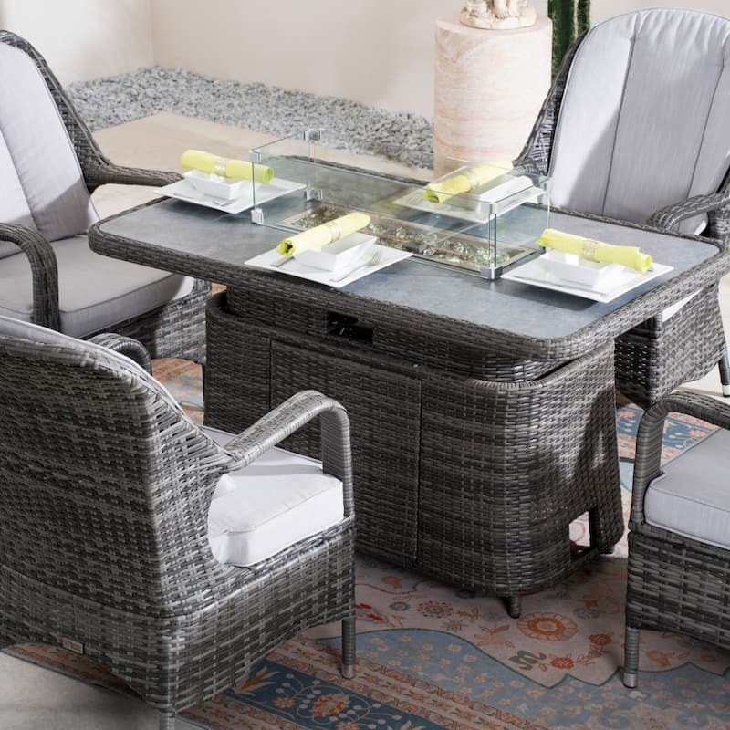 Modern 5-piece Aluminum Outdoor Hand-woven PE Rattan Dining Set with Adjustable Fire Pit Table