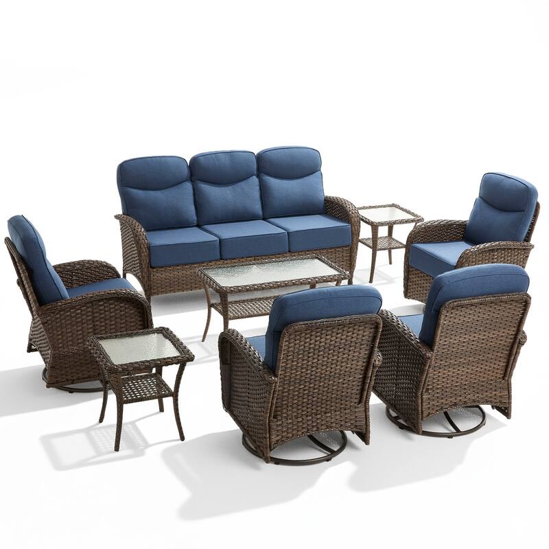 Luna 8-Piece Wicker Patio Conversation Set with Swivel Gliders and 6-Inch Thick Olefin Cushions
