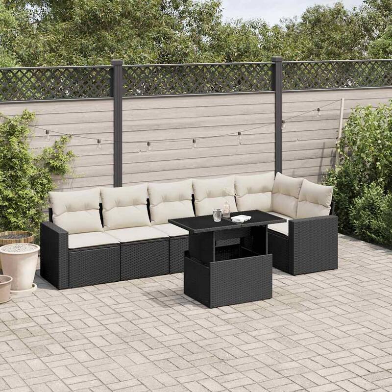vidaXL Patio Sofa Set with Cushions Outdoor Furniture 7 Piece Poly Rattan - 21.7 x 39.4 x 28.7 - Black and Cream