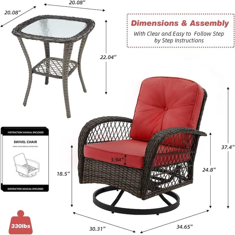 360° Swivel Rocking Patio Chairs Set with Thick Cushions & Tempered Glass Table | Indoor Living Room / Balcony| 3/5-Piece
