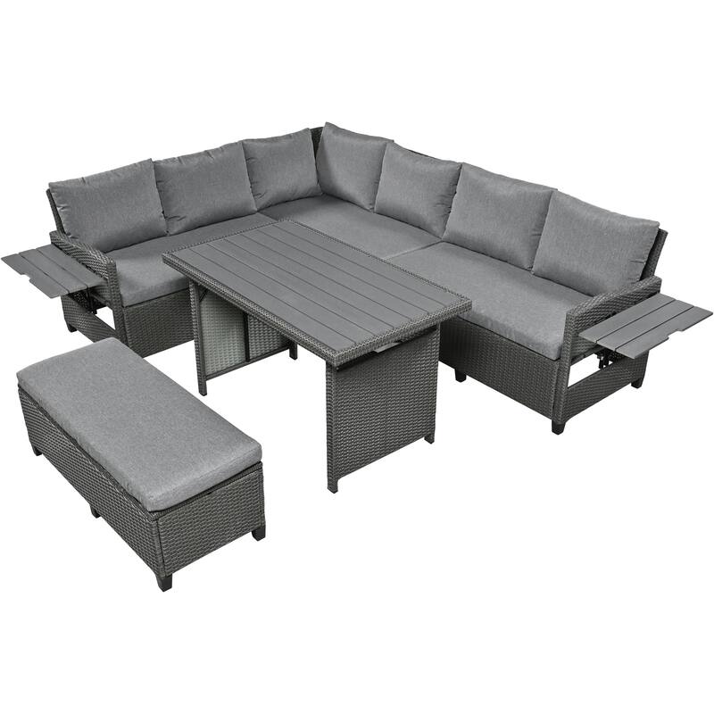 5-Piece Outdoor Patio Rattan Sofa Set - L-Shaped PE Wicker Sectional with 2 Extendable Side Tables, Dining Table