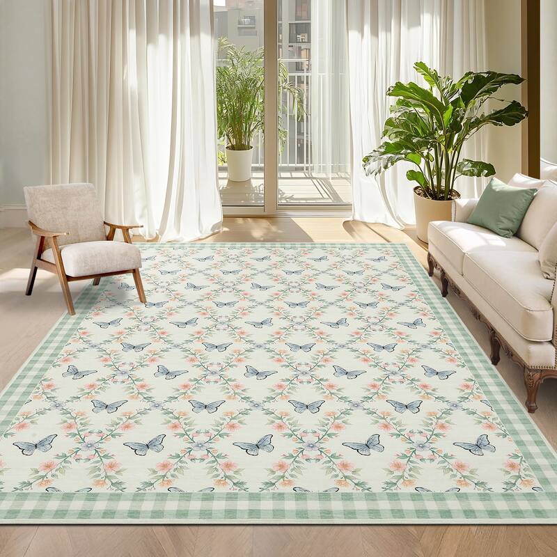 Butterfly Pattern Rugs for Living Room, Modern Floral Area Rug, Washable Border Plaid Non Slip Floor Carpet - 8'x10' - Green