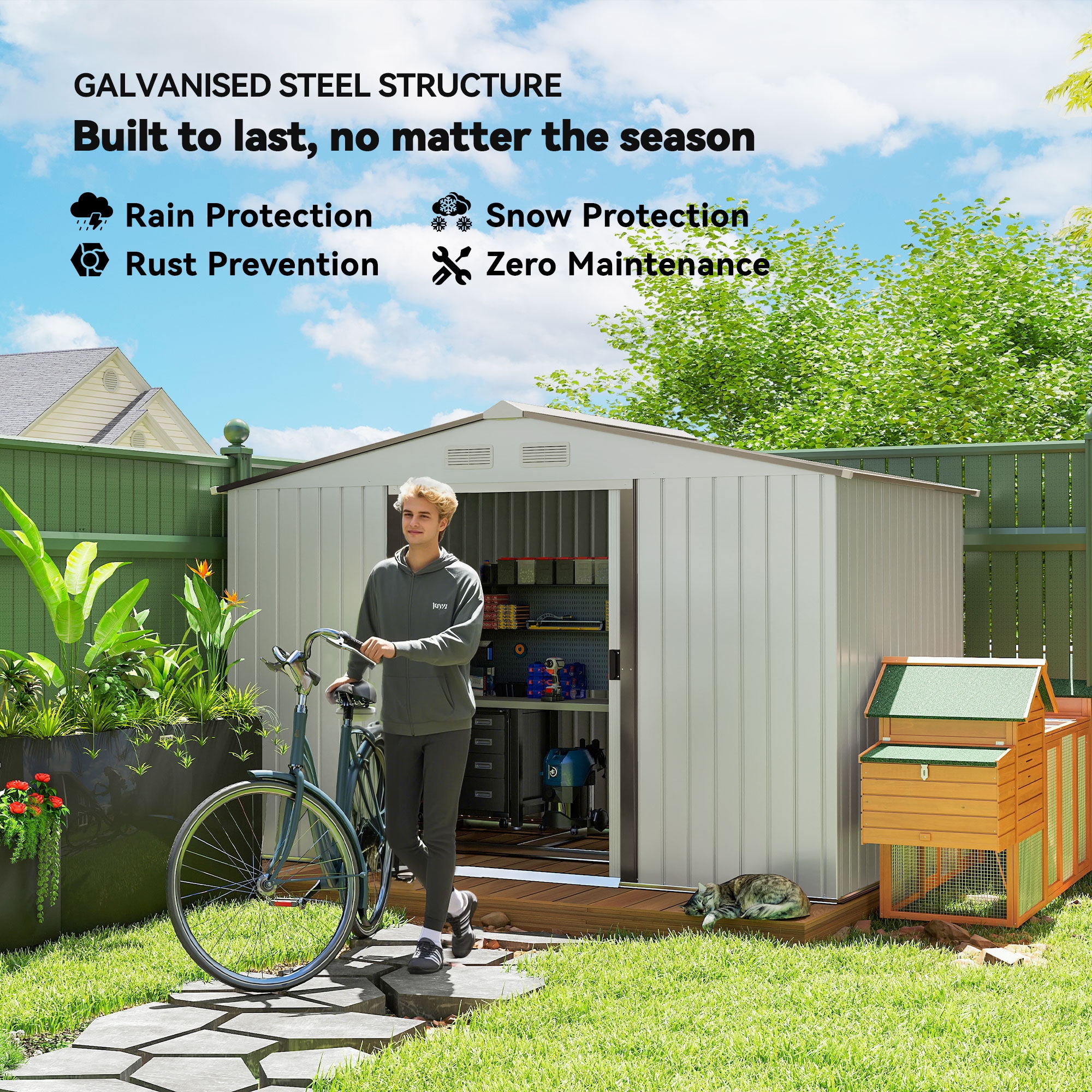Outsunny 9' x 6' Outdoor Backyard Garden Tool Shed with Double Sliding Doors, 4 Airy Vents, & Durable Steel