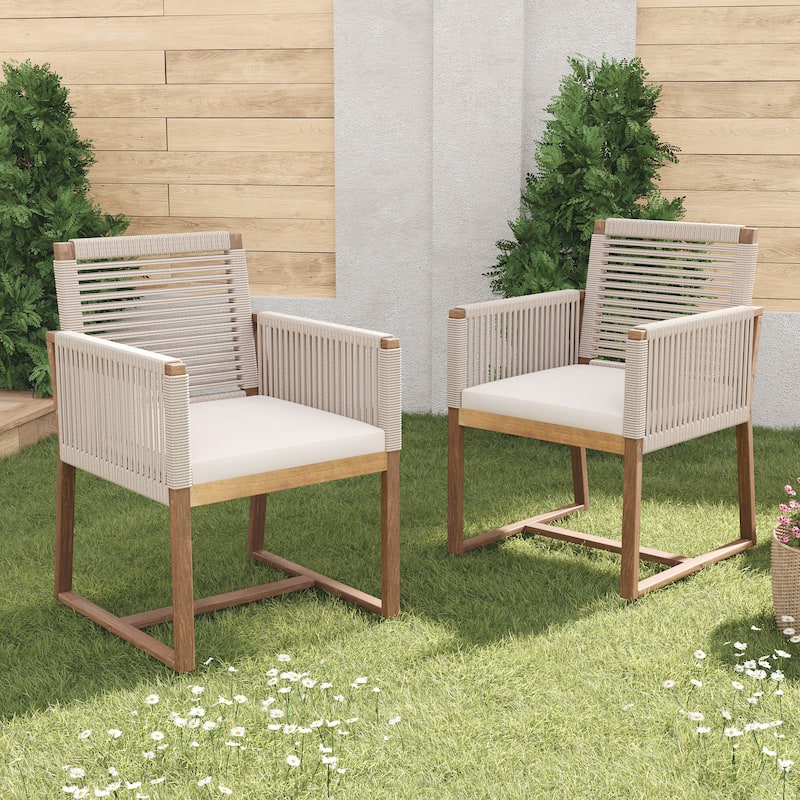 Christopher Knight Home - Noah Outdoor Dining Armchair Chairs（Set of 2) with Rope Design Back Patio Chairs,Washable Cushion - Light Brown