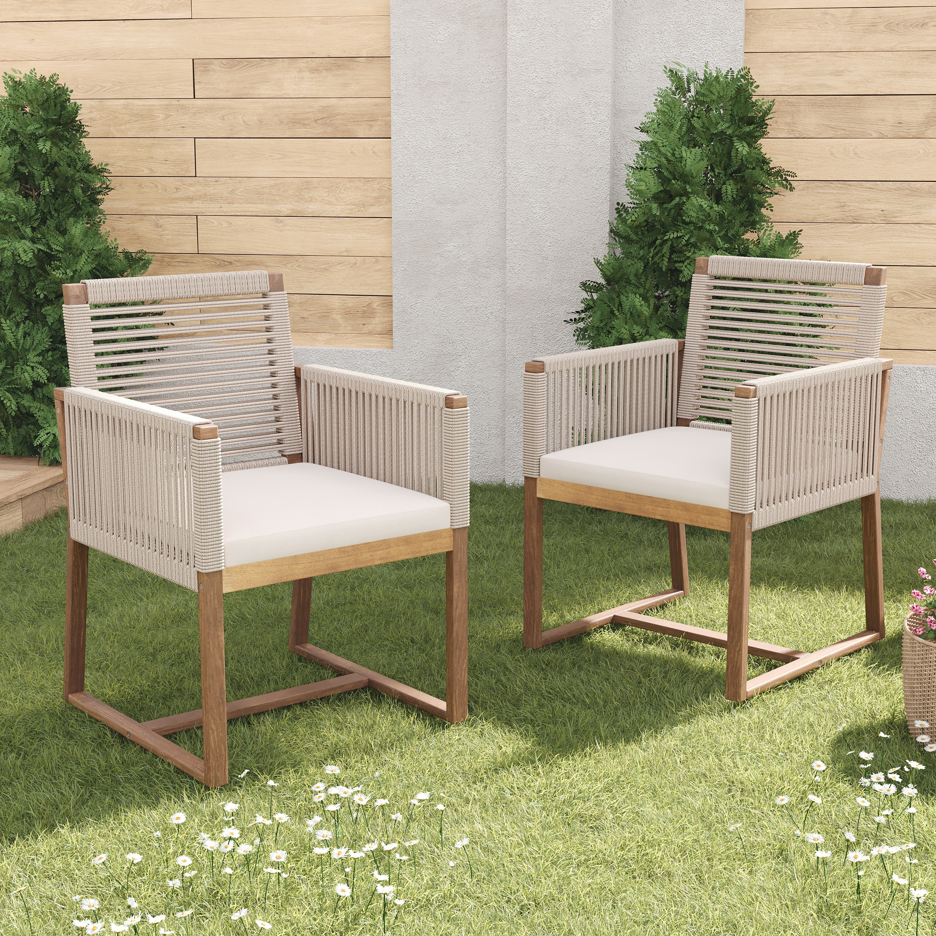 Outdoor Dining Chairs Set of 2,Acacia Wood Patio Armchair with Rope Design Back and Arms and Washable Cushion