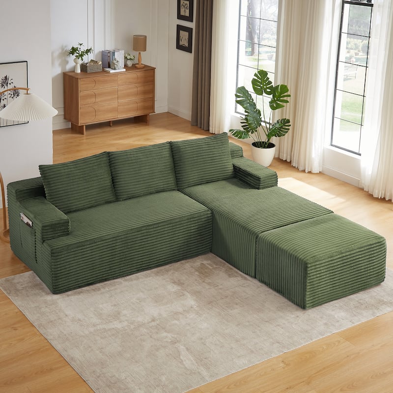 Corduroy Upholstery Cloud Modular Sectional Sofa with Chaise and Pillows, All-Foam Compression Design