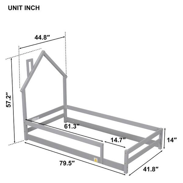 dimension image slide 0 of 5, Twin Size Wood Bed Frame with House-shaped Headboard Floor bed with Fences