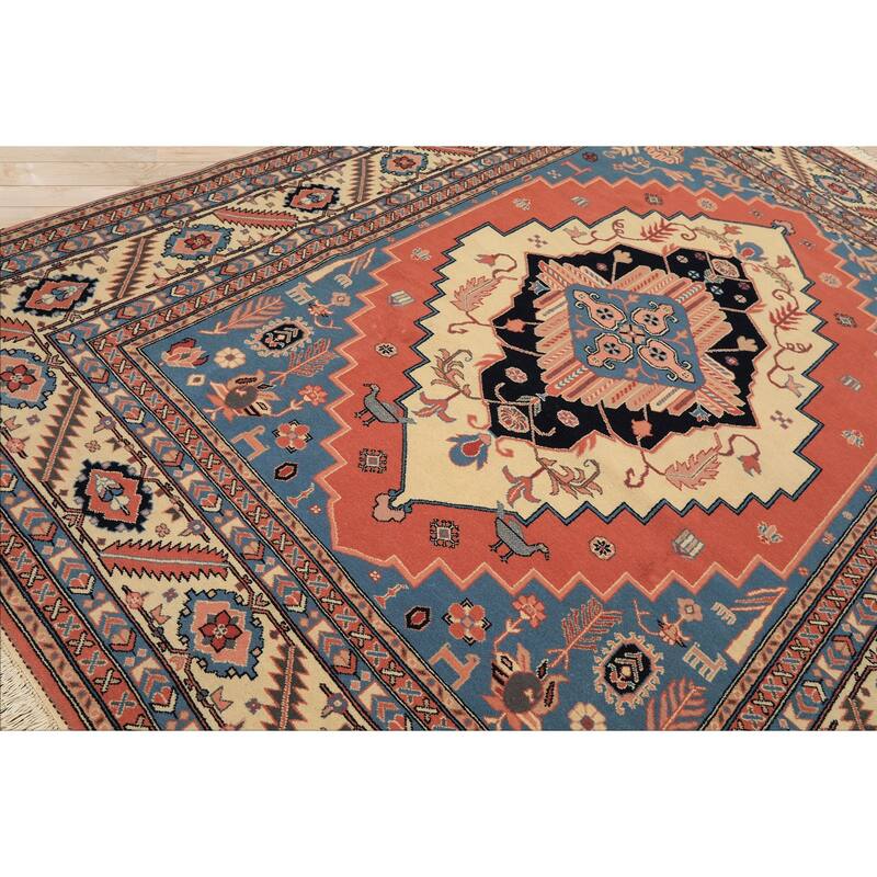 7'11''x10 Hand Knotted Wool Salmon Heriz Traditional Medallion Area Rug - 7' 11'' x 10'