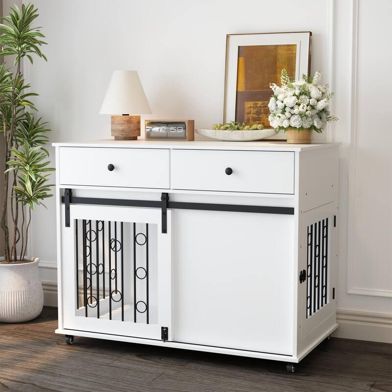 39.37" Dog Crate Furniture with Double Drawers and Sliding Barn Door, Decorative Pet Kennel End Table with Lockable Wheels