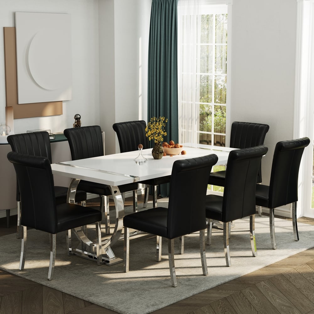 65 inch Faux Marble Dining Table Set with Boucle Dining Chairs