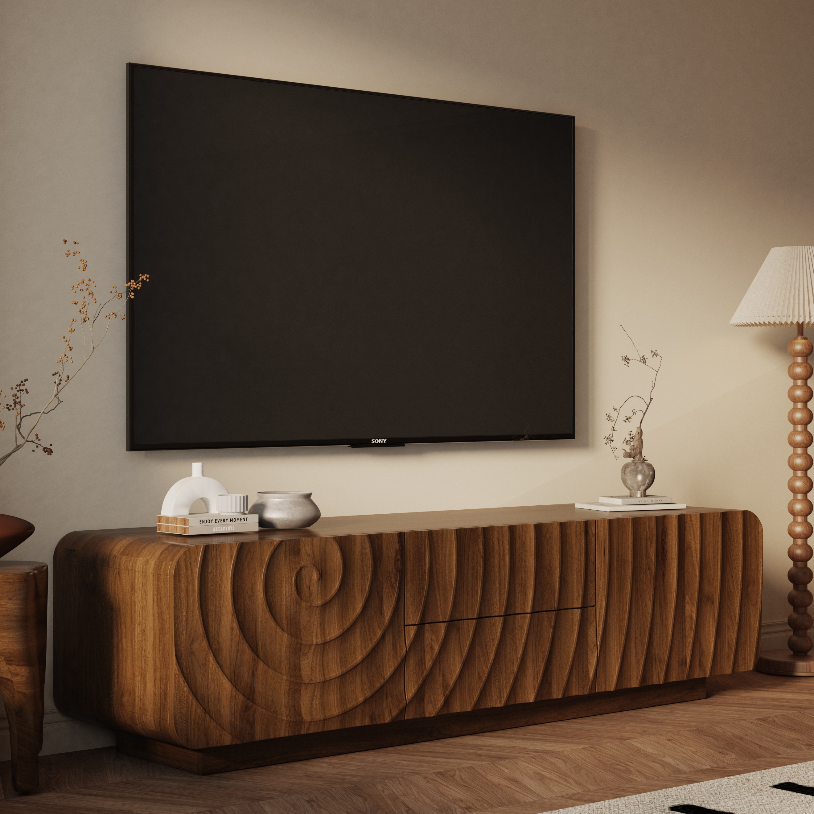 58" Mid Century Wood TV Stand with Spiral Wave Design and Storage Cabinets by GDFStudio
