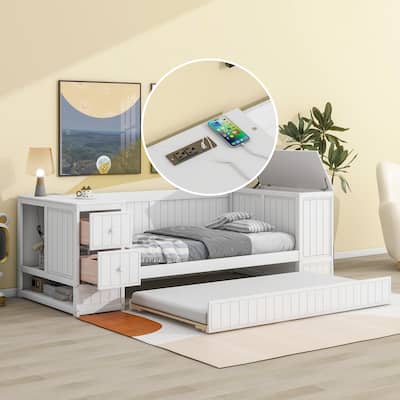 Twin Size Daybed with Storage Arms, Trundle & Charging Station, White