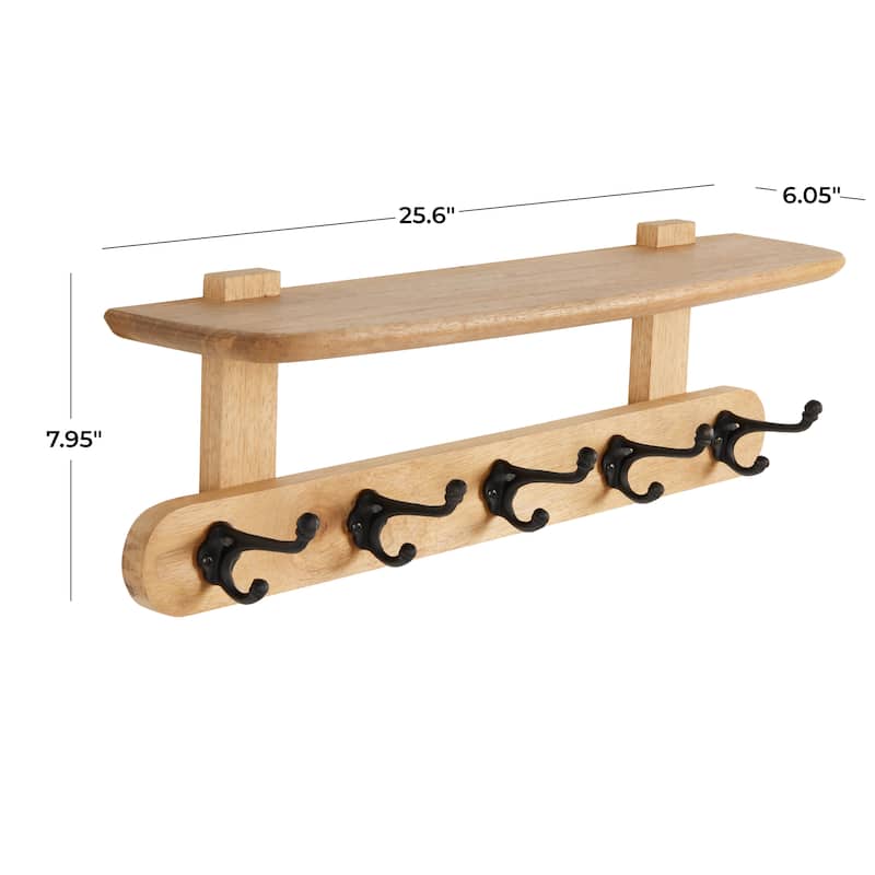 Mango Wood Handmade Single Shelf Wall Hook with 5 Hooks - Brown - Roche River Decor - 6"W x 26"L x 8"H