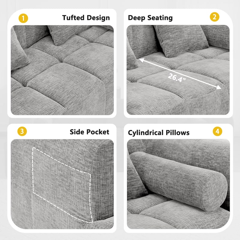 101.2" Chenille Sectional Sofa Full Compressed Sofa Modular Sofa Couch with 2 Side Pockets, Free Combined Sofa