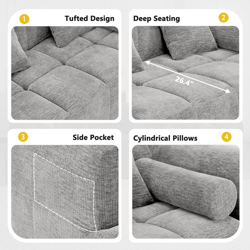 L-Shaped Sectional Sofa with 2 Side Pockets, Full-Compressed Modular Sofa Free-Combined Sofa, Comfy Chenille Deep Seat Sofa
