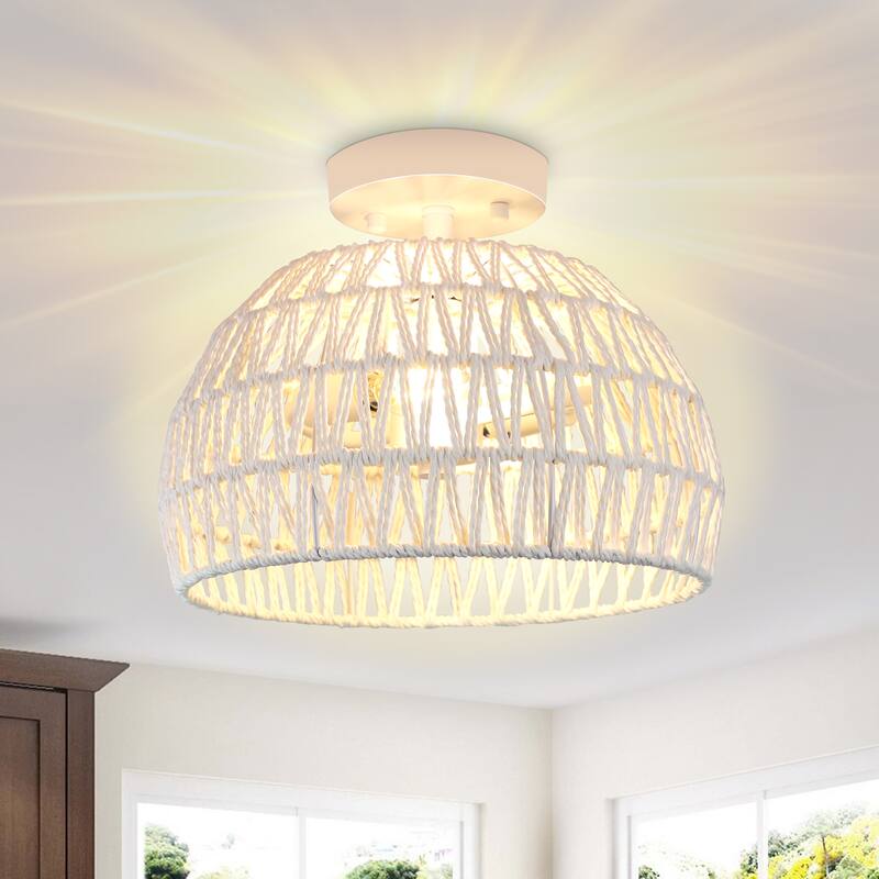 Semi Flush Mount Rattan Light Fixture Woven Ceiling Light Fixture