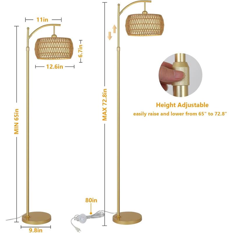 Arc Floor Lamp with 3 Color Temperatures,LED Lamp with Remote & Stepless Dimmable Bulb,Standing Lamp with Rattan & Fabric Shades