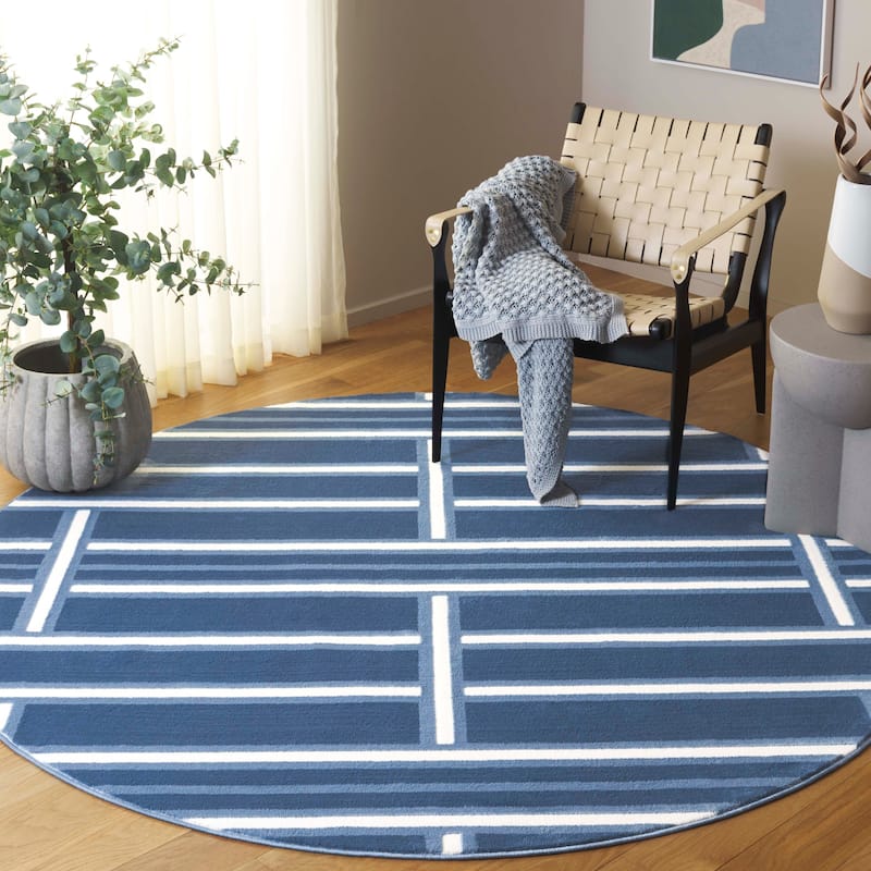SAFAVIEH Groove Ageeth Modern Checkered Rug - 6'7" Round - Blue/Ivory