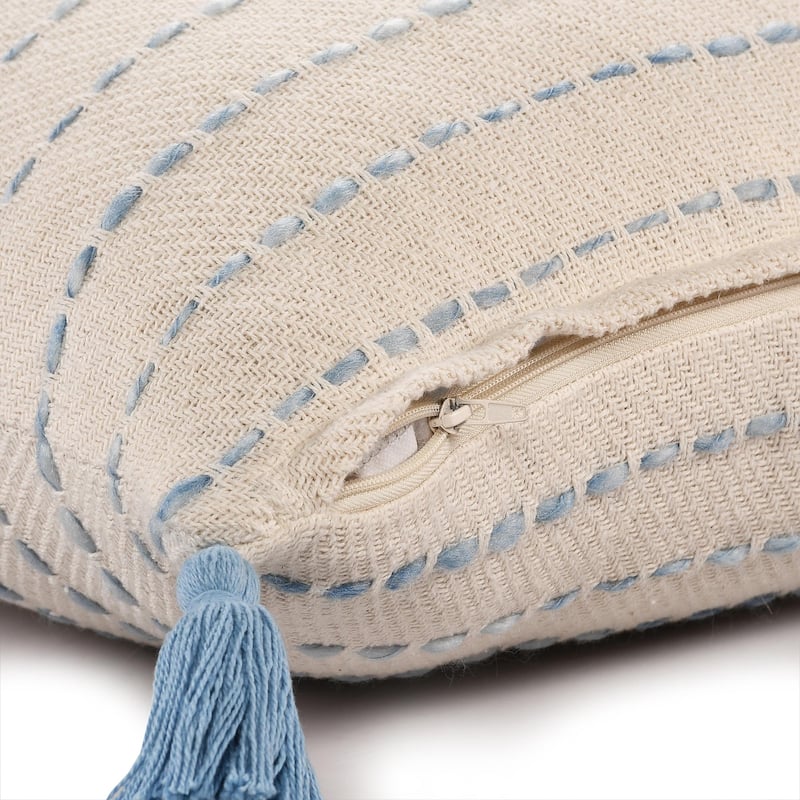 Handmade Variegated Striped Square Throw Pillow with Tassels - 20" - Blue and White