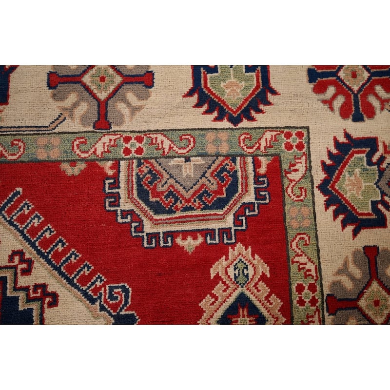 Geometric Kazak Rug Hand-Knotted Bedroom Red Wool Carpet - 5'9" x 7'7"