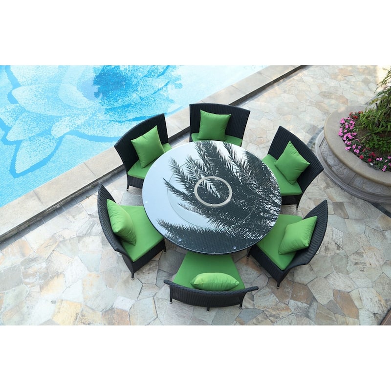 Manhattan Comfort Nightingdale Black 7-Piece Rattan Outdoor Dining Set with Green Cushions