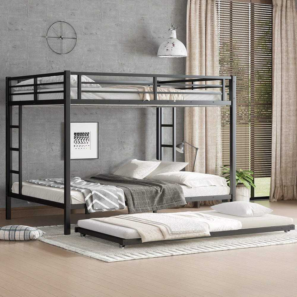 Roomfitters Twin/Queen over Full/Queen Metal Bunk Bed with Twin Trundle, Space-Saving Design, Black