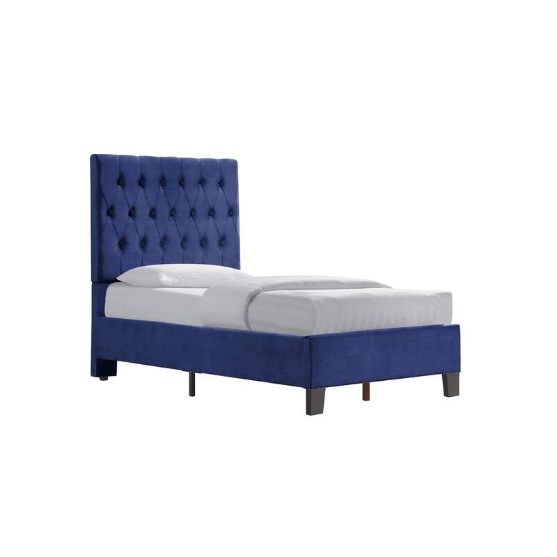 Navy Blue Twin Upholstered Bed, Transitional Style - Blue