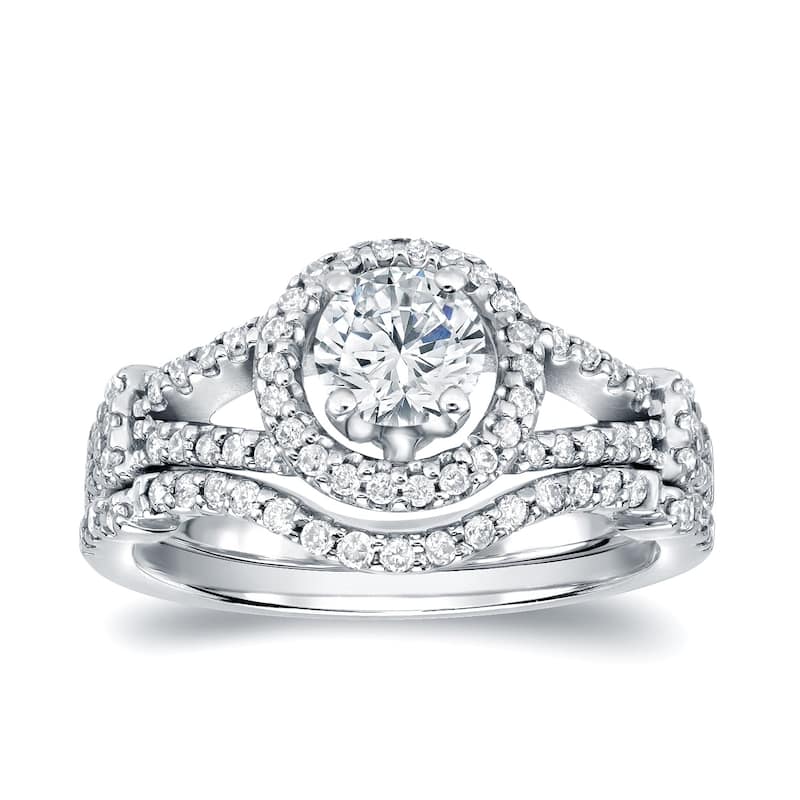 Auriya 14k Gold 1 1/2ctw Modern Round Halo Diamond Engagement Ring Set