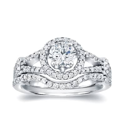 Auriya 14k Gold 1 1/2ctw Modern Round Halo Diamond Engagement Ring Set