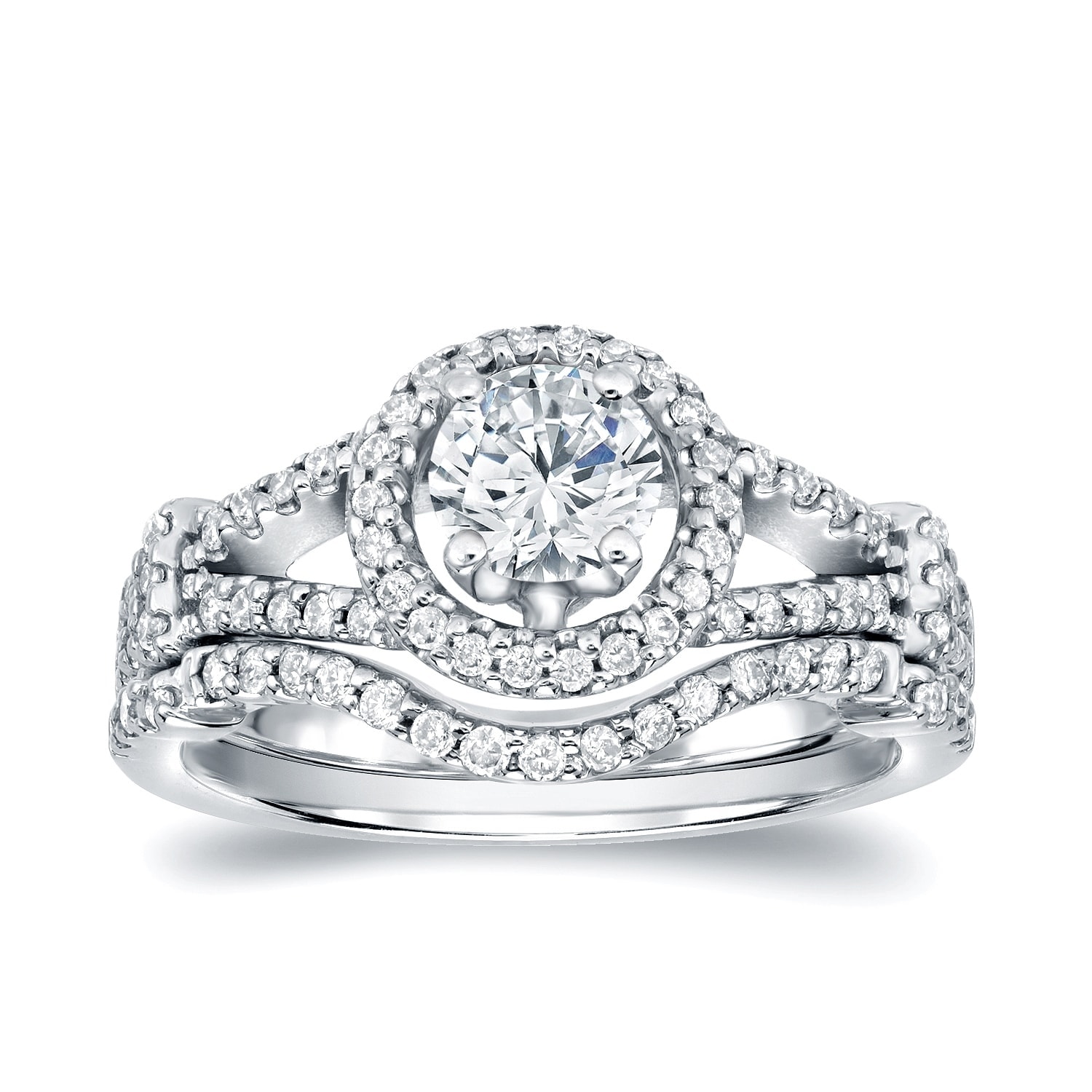 Auriya 14k Gold 1 1/2ctw Modern Round Halo Diamond Engagement Ring Set