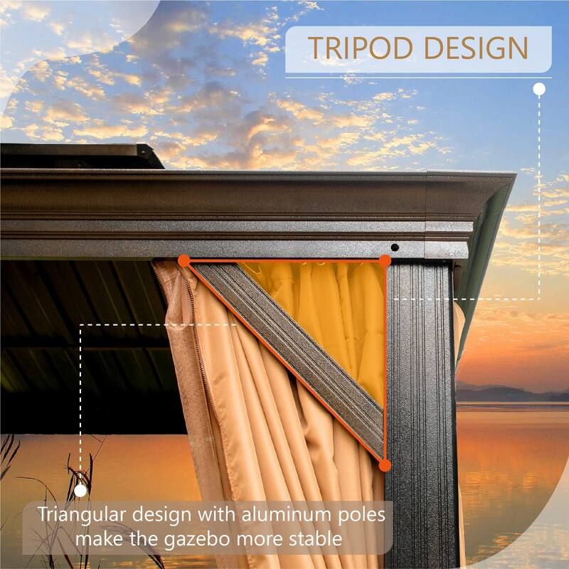 MAISON ARTS 12X16 FT Hardtop Aluminum Permanent Gazebo Double Roof Canopy with Netting & Curtains