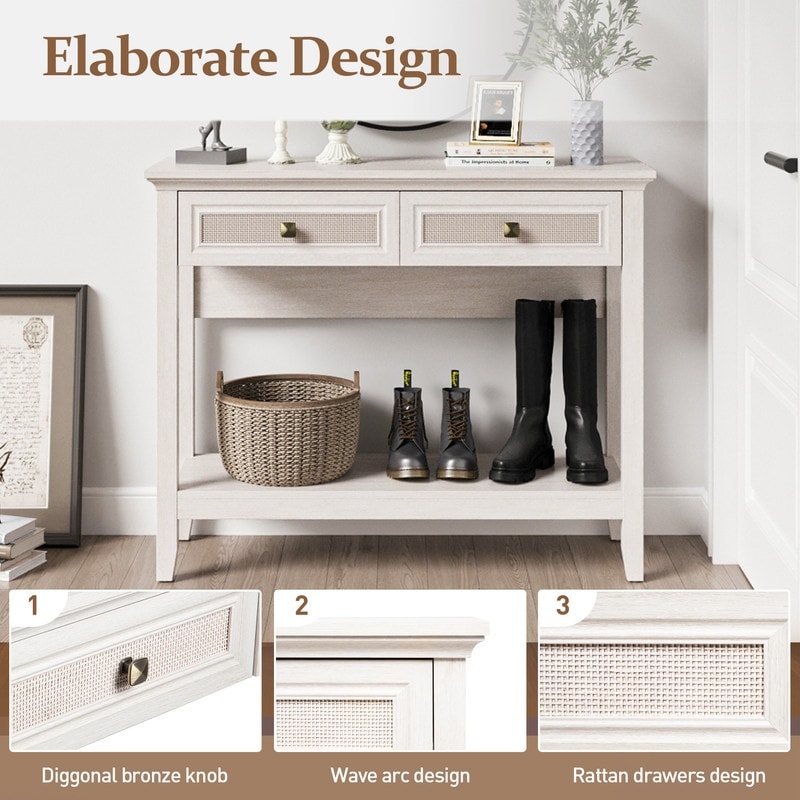 Wooden Boho Console Table With Rattan Drawers ,Narrow Long Sofa Table,Entry Table For Entryway，Living Room