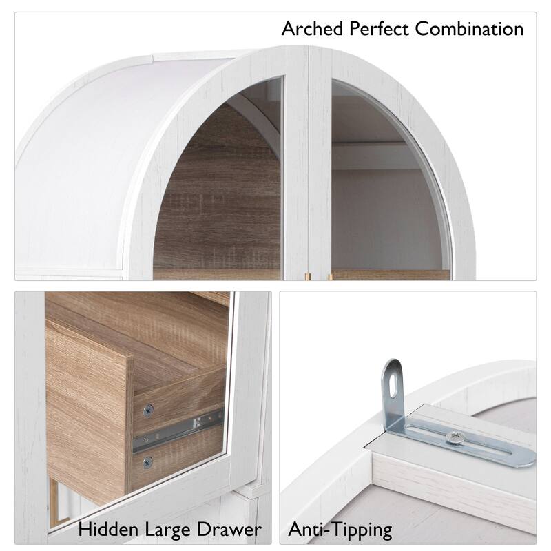 71" Tall Arched Kitchen Pantry Cabinet with Glass Door, Door Shelves, Hidden Drawer & Adjustable Shelves