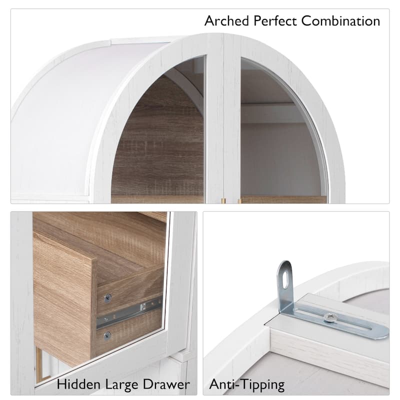 71"Tall Arched Kitchen Pantry Cabinet with Door Shelves, with Open & Adjustable Shelves, Hidden Drawer & Glass Door