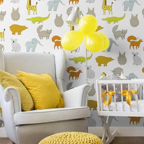 White and Tan Animals Baby Peel and Stick Removable Wallpaper 9402
