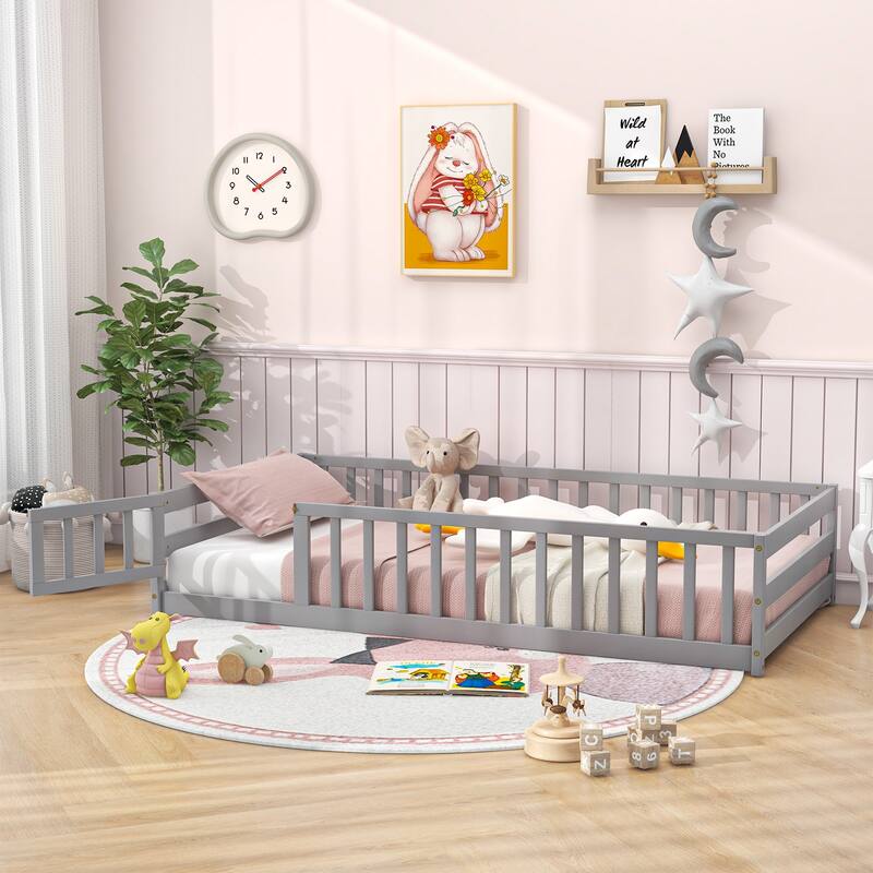 Twin Size Kids Wood Montessori Floor Bed with Door and Fence