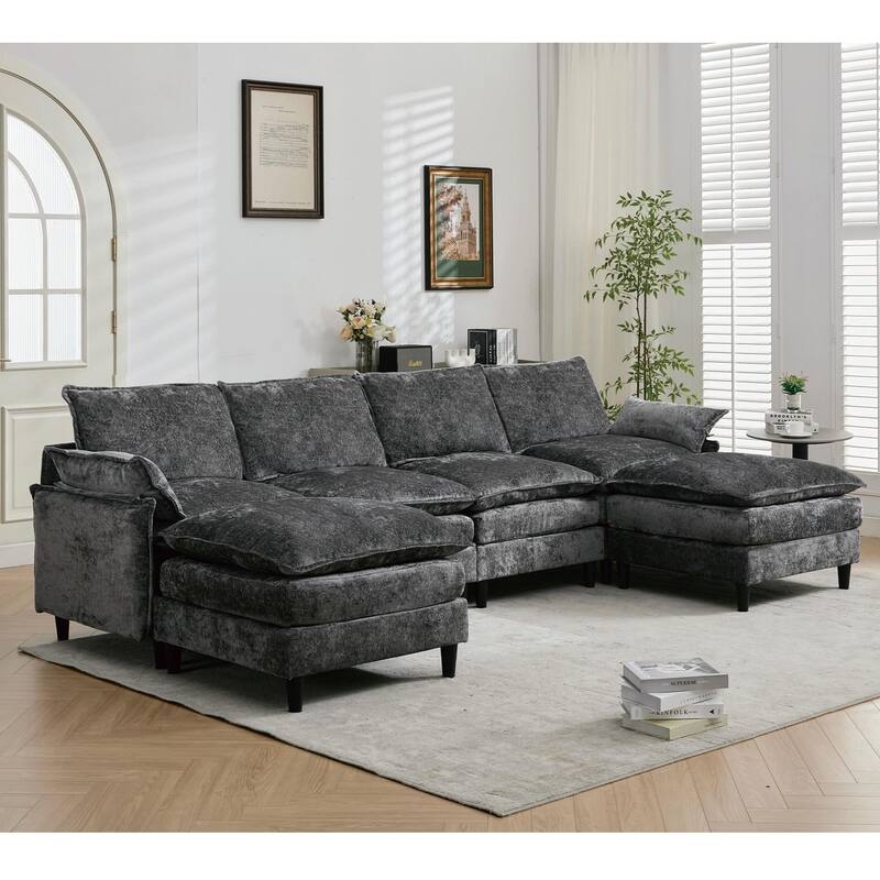 Oversized U Shaped Sectional Couch, Comfy Cloud Modular Sectional Sofa with 2 Ottoman Deep Seat Chenille Modern Cloud Sofa