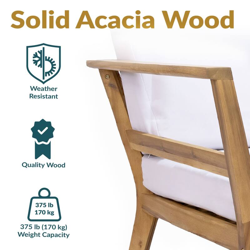 Sunnydaze Bodie Acacia Armchair with Cushions - Club Chair for Patio - Bone White Cushions - Set of 2