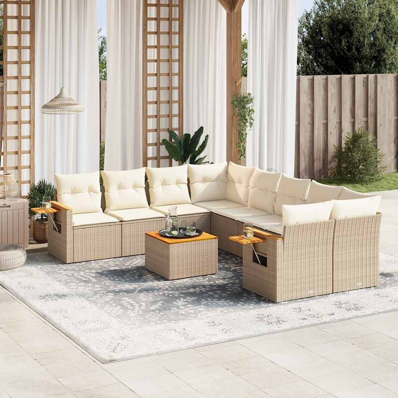 vidaXL Patio Sofa Set with Cushions Outdoor Furniture 9 Piece Poly Rattan - 24.4 x 33.5 x 27.2 in - Beige and cream