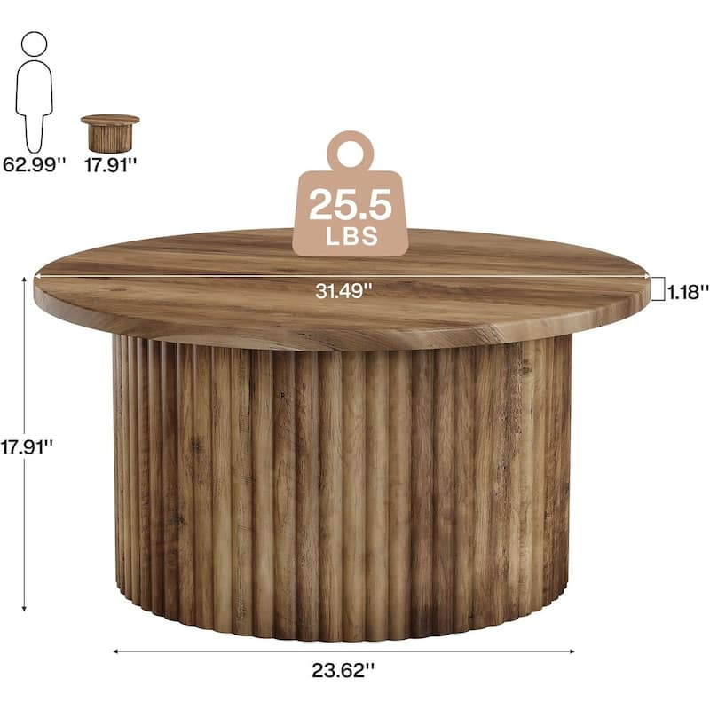 31.5" Farmhouse Round Coffee Table, Circle Center Table with Fluted Drum Base & Wooden Grain Veneer Top