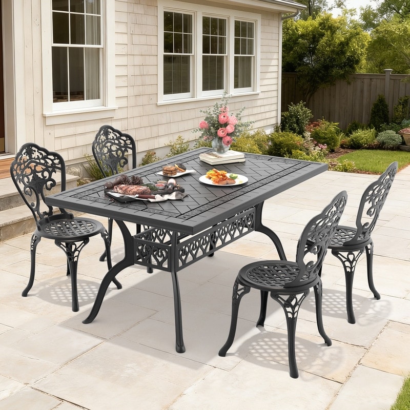 59.06in Rectangle Black Cast Aluminum Outdoor Dining Table & 4 Outdoor Dining Chairs without Cushion